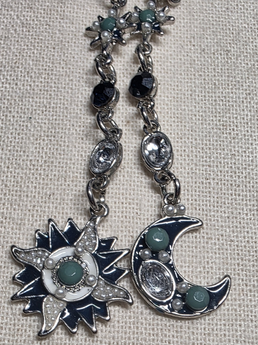 Handcrafted Sun & Moon Dangle Earrings in Navy and Mint - Unbranded